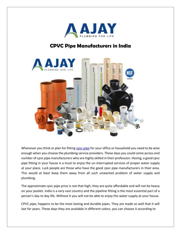 Find Best Manufacturers of PVC, UPVC and CPVC Pipes in India- Ajaypipes