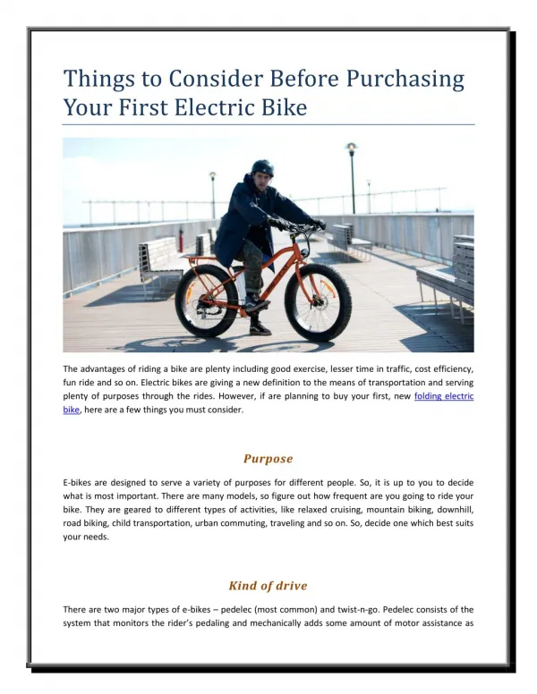 Things to Consider Before Purchasing Your First Electric Bike