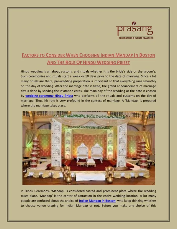 Factors To Consider When Choosing Indian Mandap In Boston And The Role Of Hindu Wedding Priest : Prasangdecors