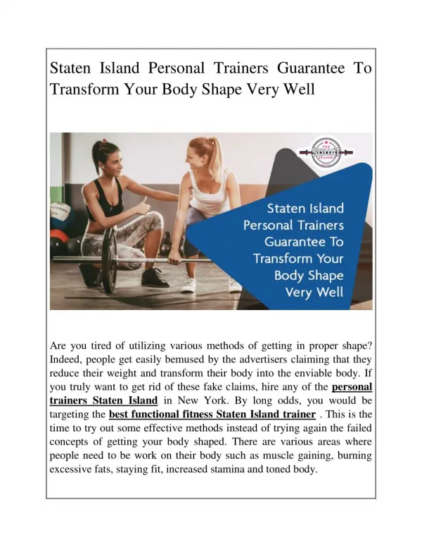 Staten Island Personal Trainers Guarantee To Transform Your Body Shape Very Well