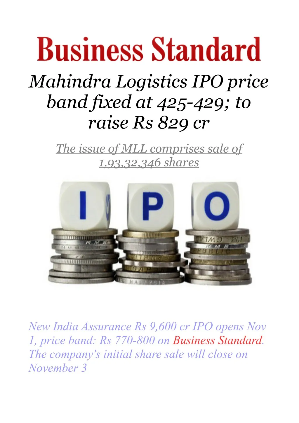 mahindra logistics ipo price band fixed