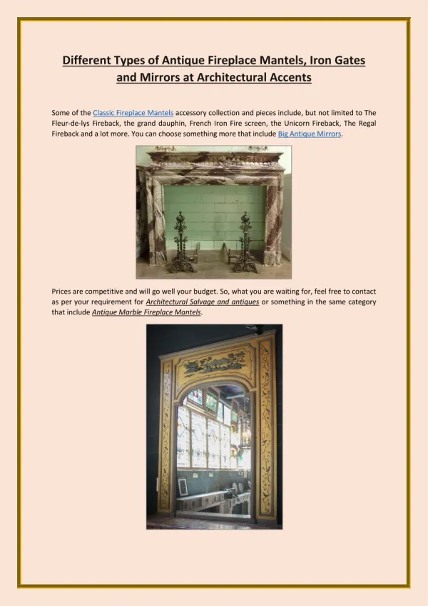 Different Types of Antique Fireplace Mantels, Iron Gates and Mirrors at Architectural Accents