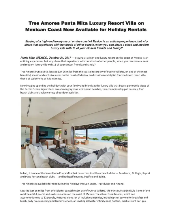 Tres Amores Punta Mita Luxury Resort Villa on Mexican Coast Now Available for Holiday Rentals