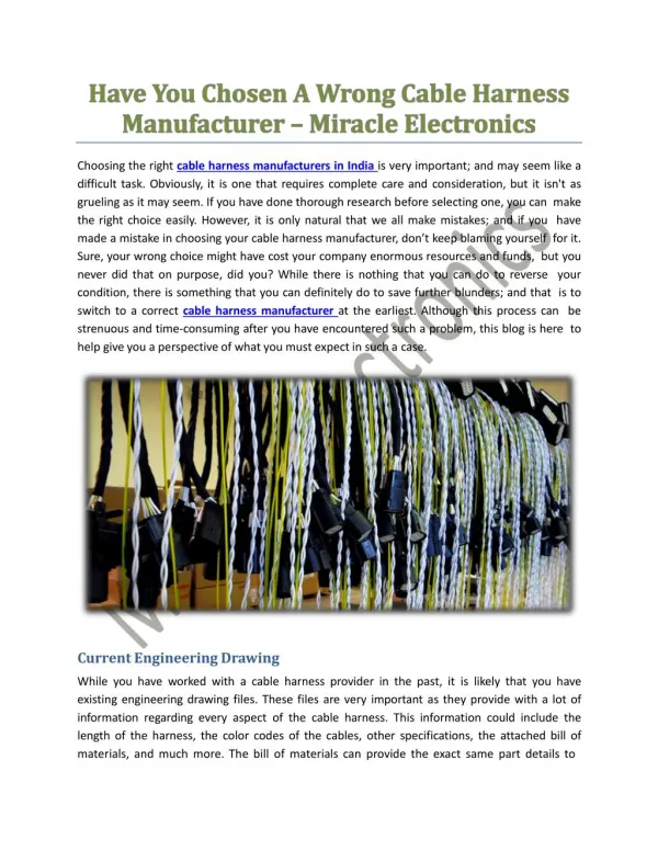 Have You Chosen A Wrong Cable Harness Manufacturer - Miracle Electronics
