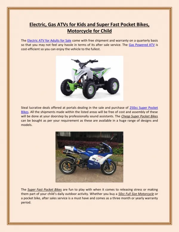 Electric, Gas ATVs for Kids and Super Fast Pocket Bikes, Motorcycle For Youth