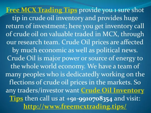 Crude Oil Inventory Calls with huge return of investment - Free MCX Trading Tips