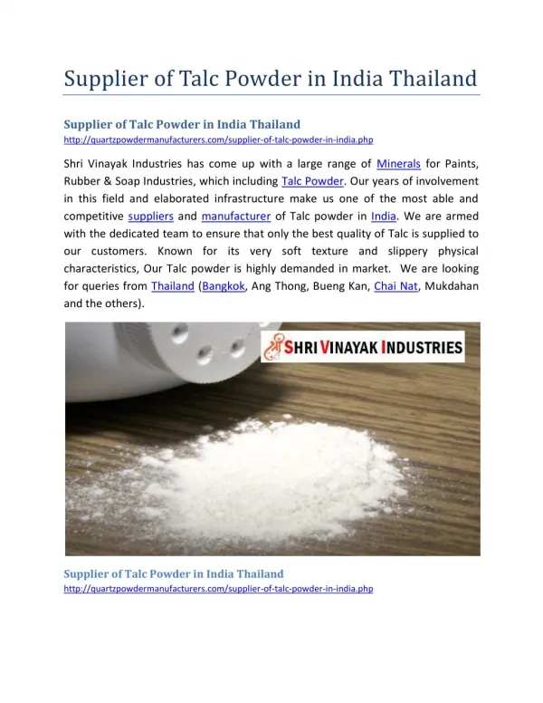 Supplier of Talc Powder in India Thailand
