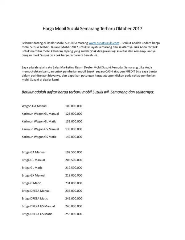 Harga Terbaru Mobil Suzuki 2017 wil. Semarang