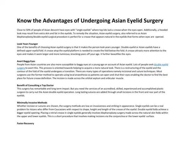Know the Advantages of Undergoing Asian Eyelid Surgery