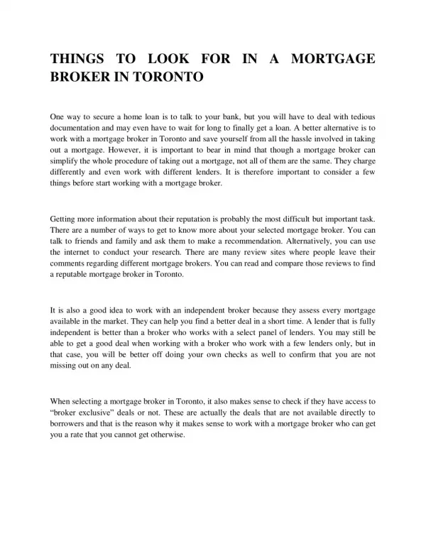 THINGS TO LOOK FOR IN A MORTGAGE BROKER IN TORONTO