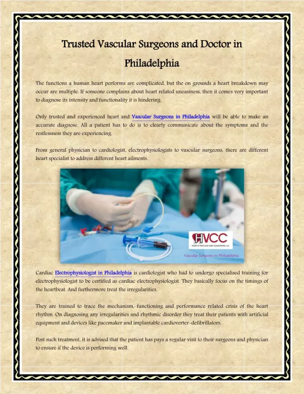 Trusted Vascular Surgeons and Doctor in Philadelphia