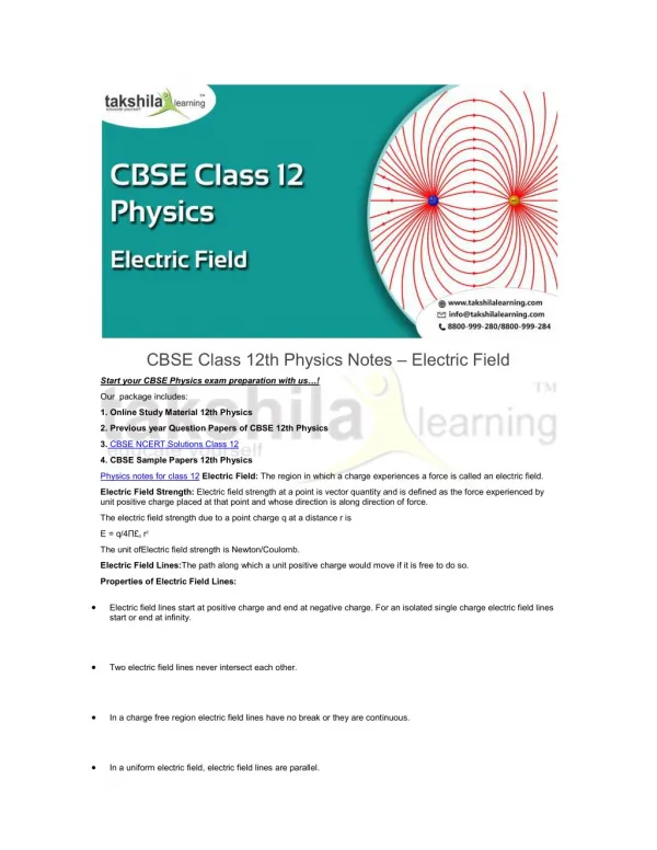 CBSE Class 12th Physics Notes - Electric Field | NCERT Solutions 12th