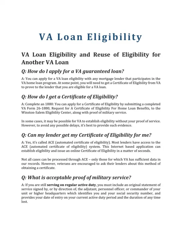 VA Loan Eligibility