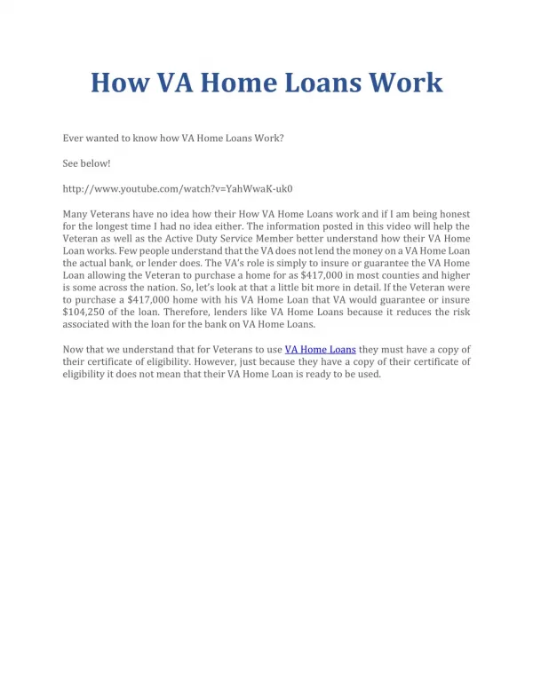 How VA Home Loans Work