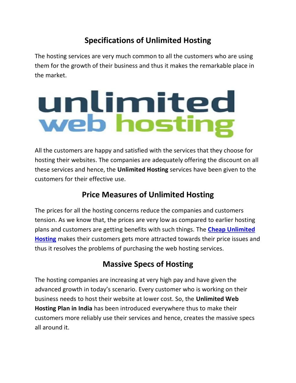 specifications of unlimited hosting