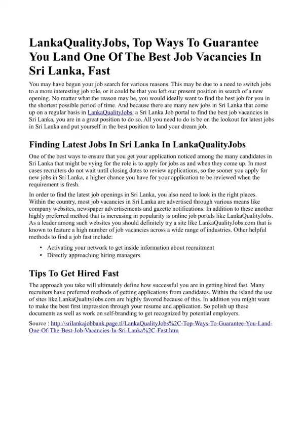 LankaQualityJobs, Best Job Vacancies In Sri Lanka
