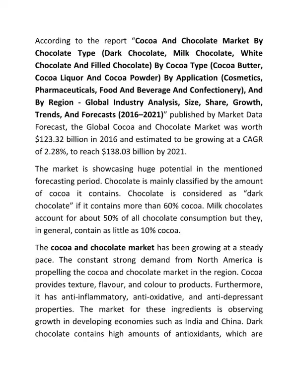 Cocoa and Chocolate Market Overview to 2021 | Segment Level Analysis
