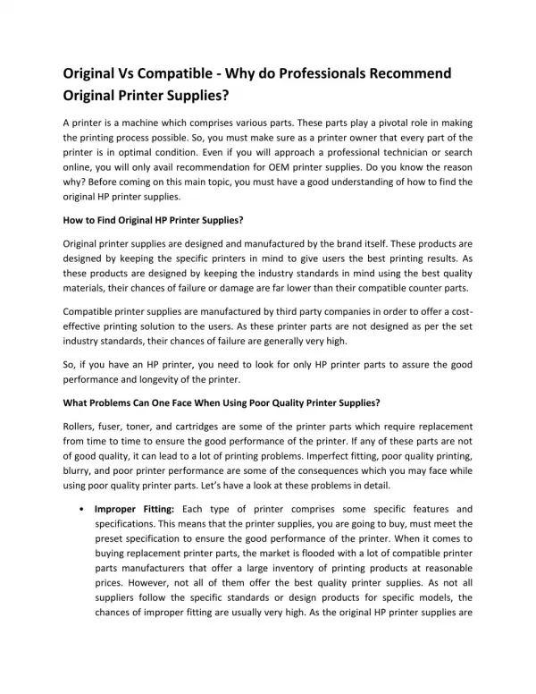 Original Vs Compatible - Why do Professionals Recommend Original Printer Supplies?