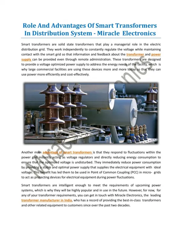 Role And Advantages Of Smart Transformers In Distribution System - Miracle Electronics