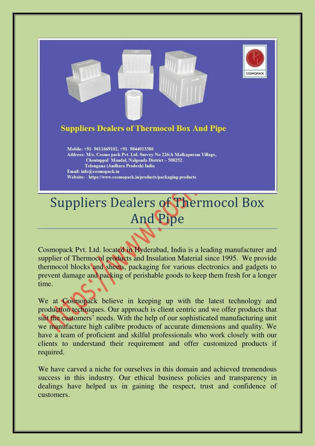 suppliers dealers of thermocol box and pipe
