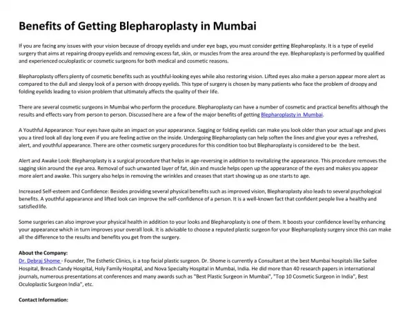 Benefits of Getting Blepharoplasty in Mumbai