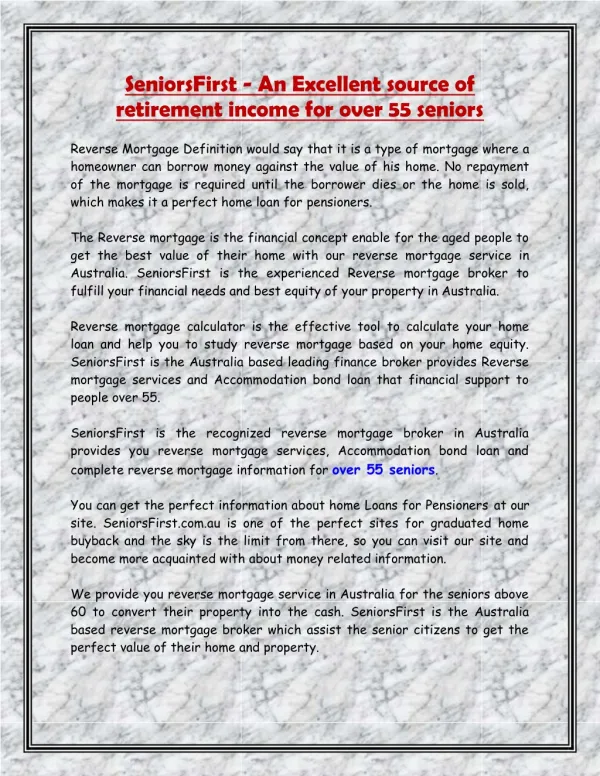 SeniorsFirst - An Excellent source of retirement income for over 55 seniors