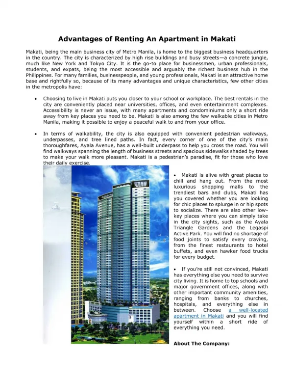 Advantages of Renting An Apartment in Makati