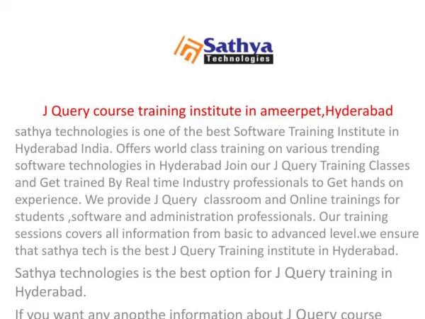 Top J Query course training institute ameerpet Hyderabad | Sathya Technologies