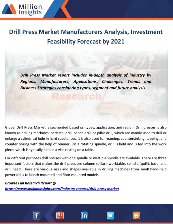 Drill Press Market Manufacturers Analysis, Investment Feasibility Forecast by 2021