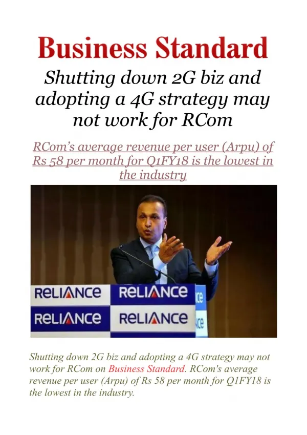 Shutting down 2G biz and adopting a 4G strategy may not work for RCom