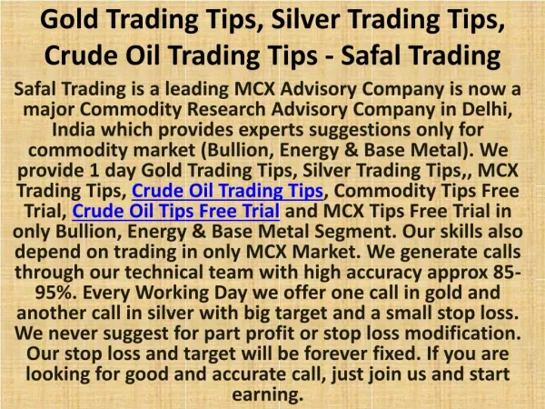 Gold Trading Tips, Silver Trading Tips, Crude Oil Trading Tips - Safal Trading
