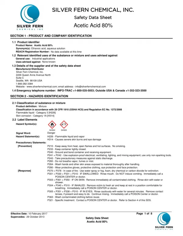 Safety Data Sheet of Acetic Acid 80% at Silver fern chemical