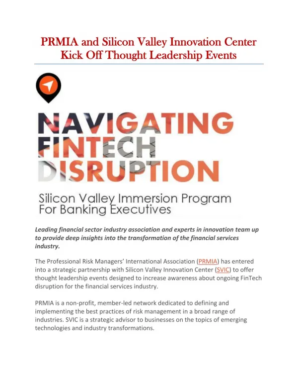 PRMIA and Silicon Valley Innovation Center Kick Off Thought Leadership Events