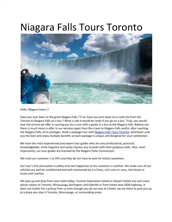 Niagara Falls Tours Toronto