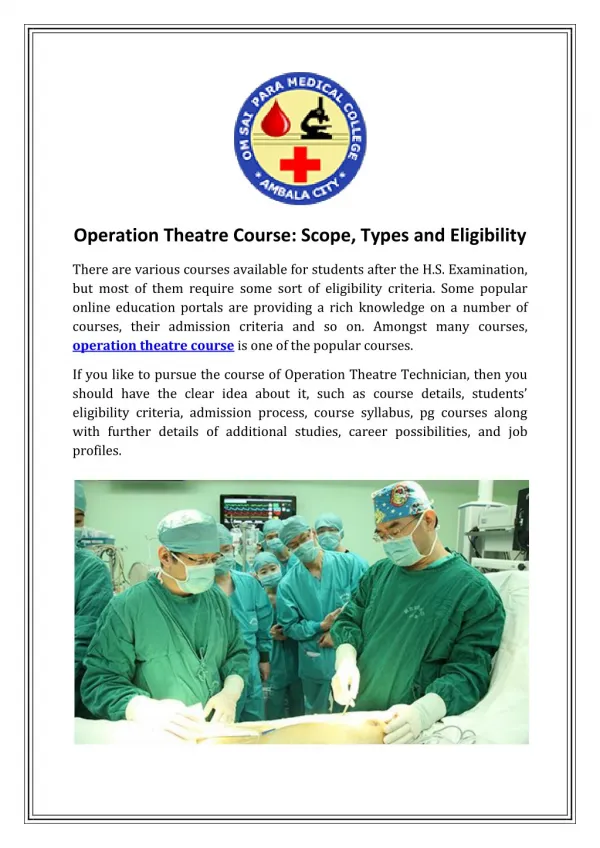 Operation Theatre Course: Scope, Types and Eligibility