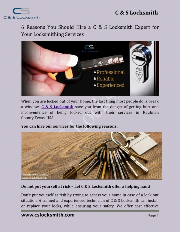 6 Reasons You Should Hire a C & S Locksmith Expert for Your Locksmithing Services