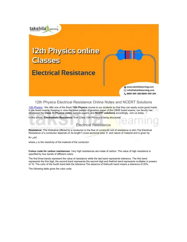 12th Physics Electrical Resistance Online Notes | NCERT Solutions
