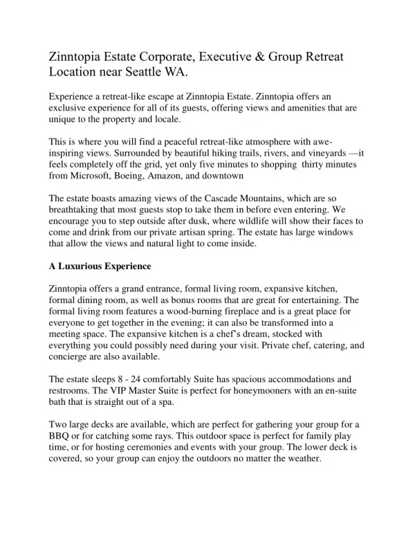 Zinntopia | Corporate, Executive, Group Retreat Location | Seattle WA