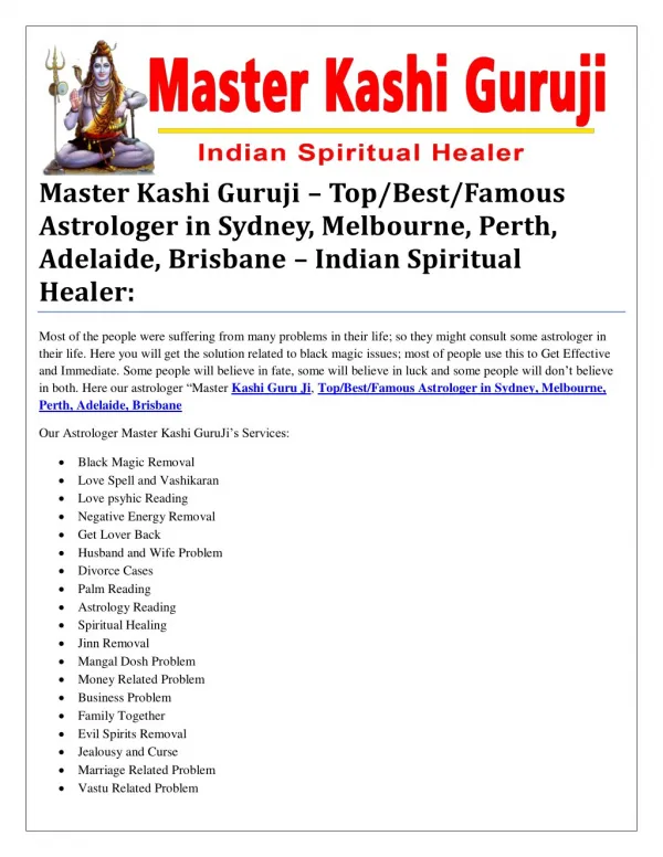 Master Kashi Guruji – Top/Best/Famous Astrologer in Sydney, Melbourne, Perth, Adelaide, Brisbane – Indian Spiritual Heal