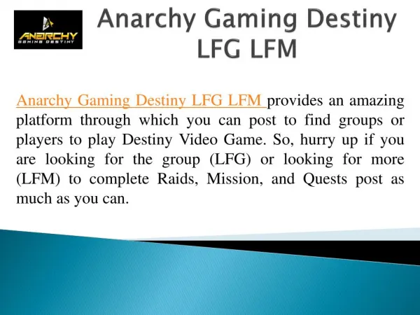 Find Groups and Players Easily at Anarchy Gaming Destiny LFG