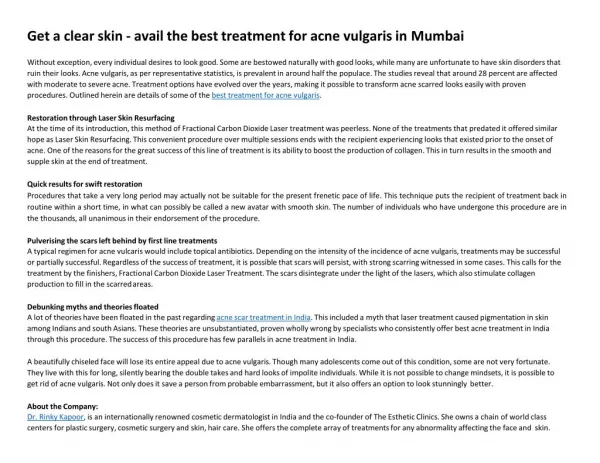 Get a clear skin - avail the best treatment for acne vulgaris in Mumbai