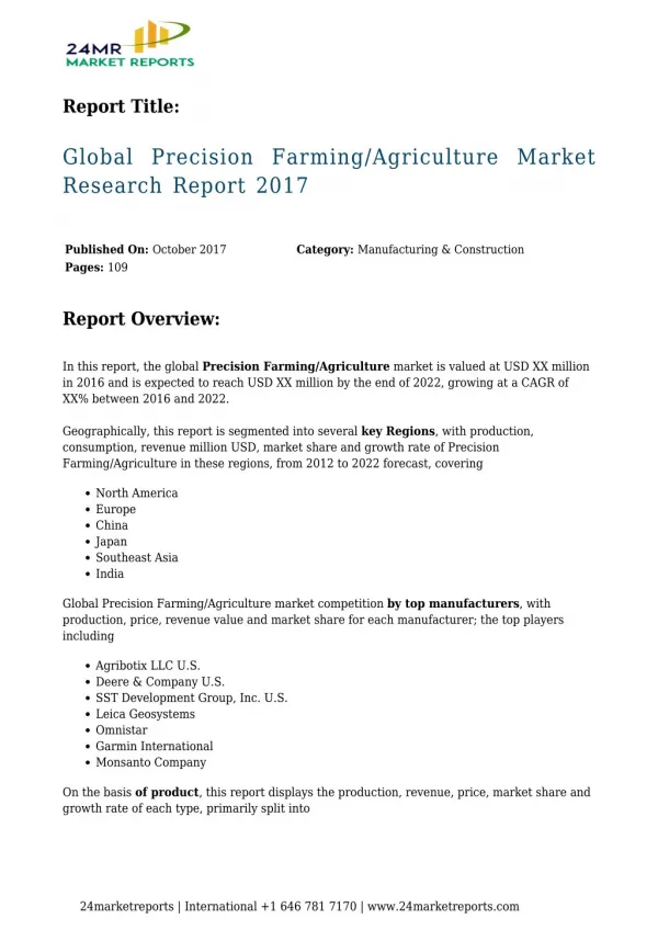 Global Precision Farming/Agriculture Market Research Report 2017