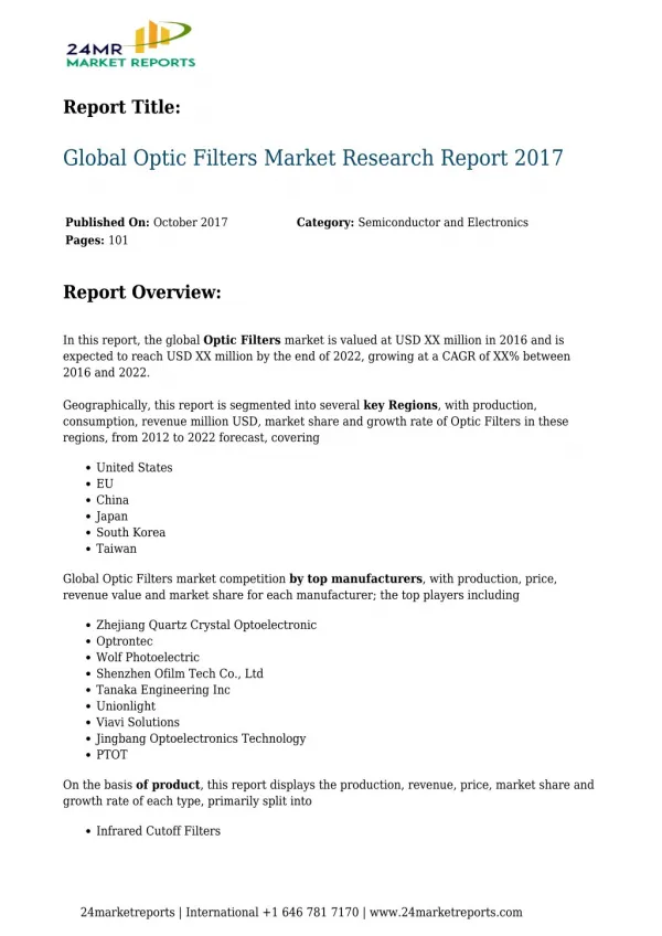 Global Optic Filters Market Research Report 2017