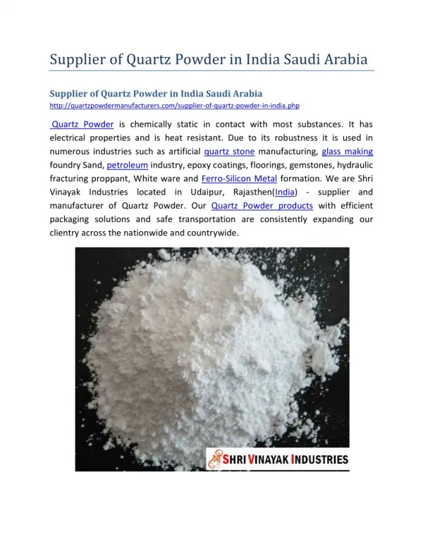 Supplier of Quartz Powder in India Saudi Arabia