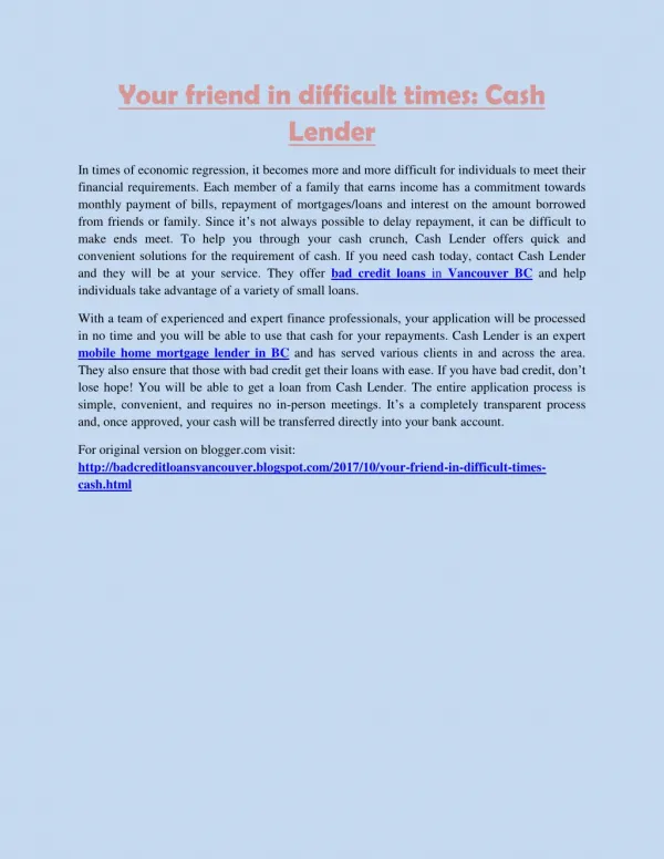 Your friend in difficult times: Cash Lender