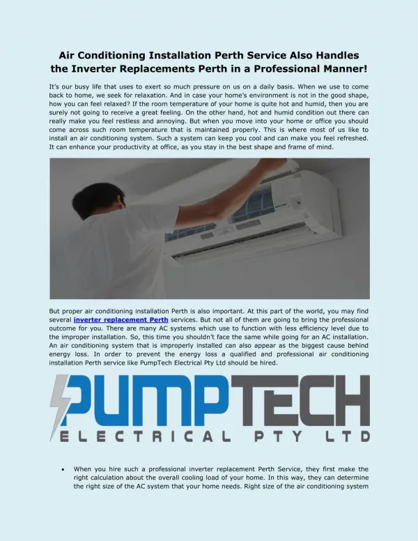 Air Conditioning Installation Perth Service Also Handles the Inverter Replacements Perth in a Professional Manner!