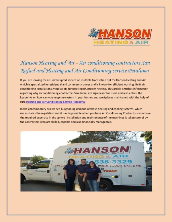 Hanson Heating and Air — Air conditioning contractors San Rafael and Heating and Air Conditioning service Petaluma
