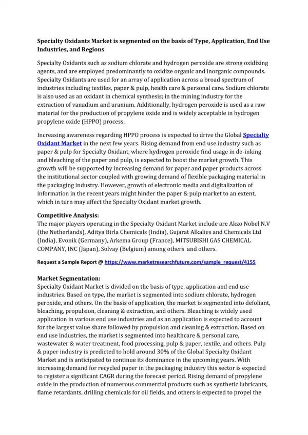 Specialty Oxidants Market 2017: Company Profiles, Market Segments, Landscape and Demand by Forecast 2023