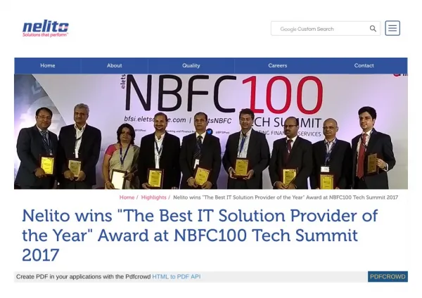 Nelito wins "The Best IT Solution Provider of the Year" Award at NBFC100 Tech Summit 2017