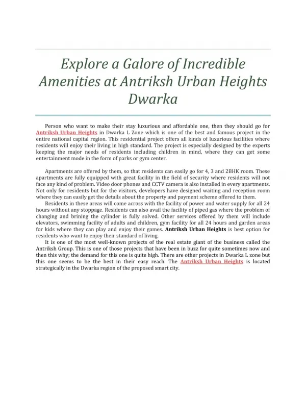 Explore a Galore of Incredible Amenities at Antriksh Urban Heights Dwarka